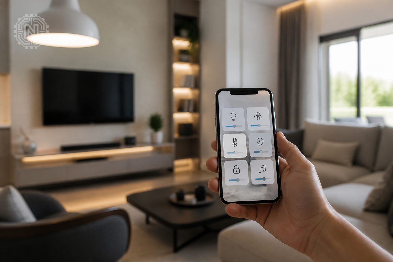 Smartphone controlling smart home devices in a living room