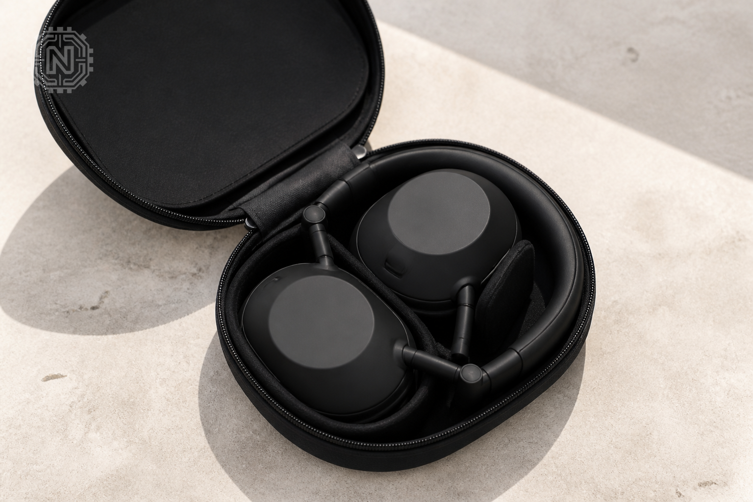 Folded Sony WH-1000XM7 headphones in carrying case