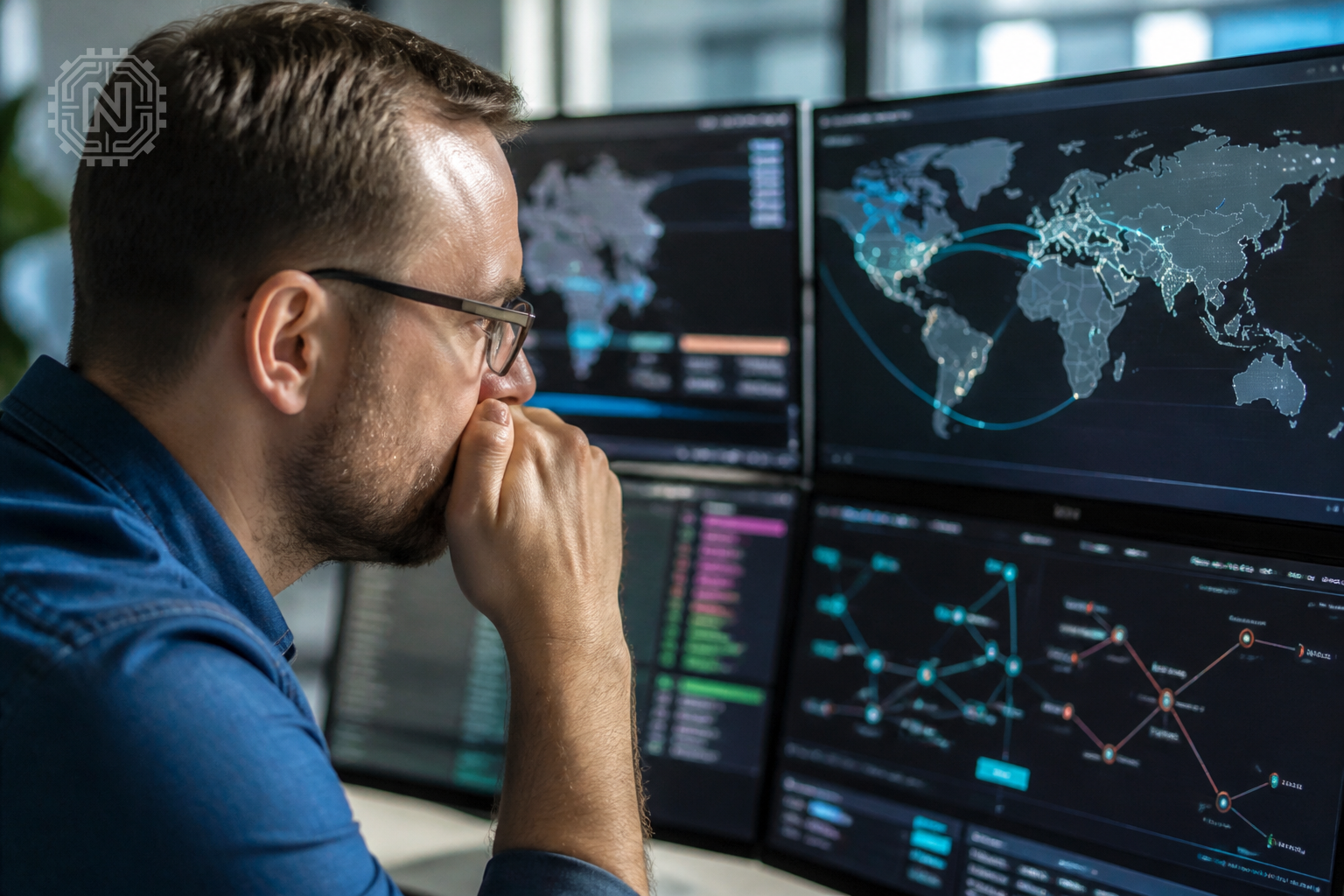 Cybersecurity analyst monitoring supply chain data