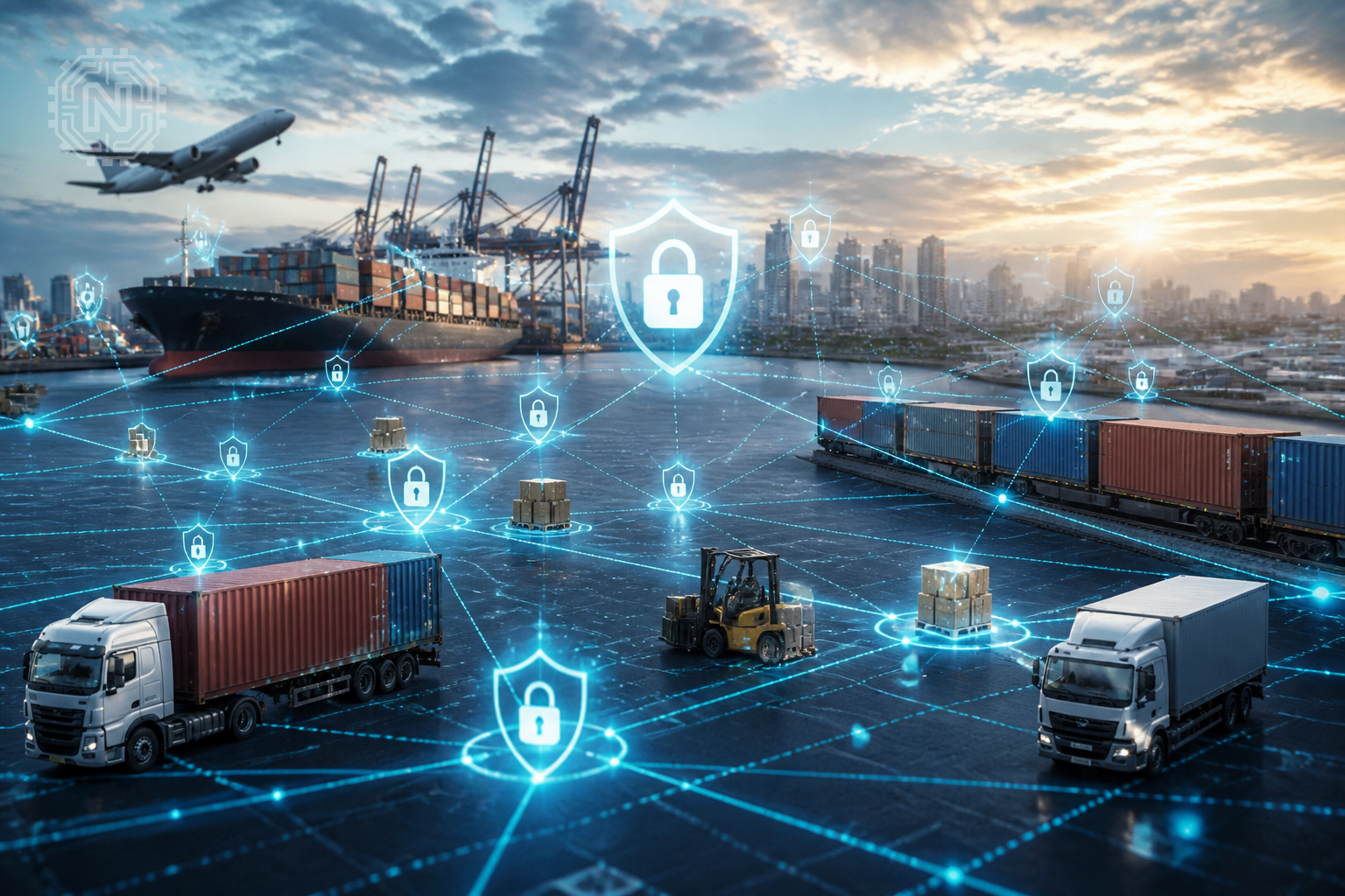 Interconnected supply chain nodes with security icons