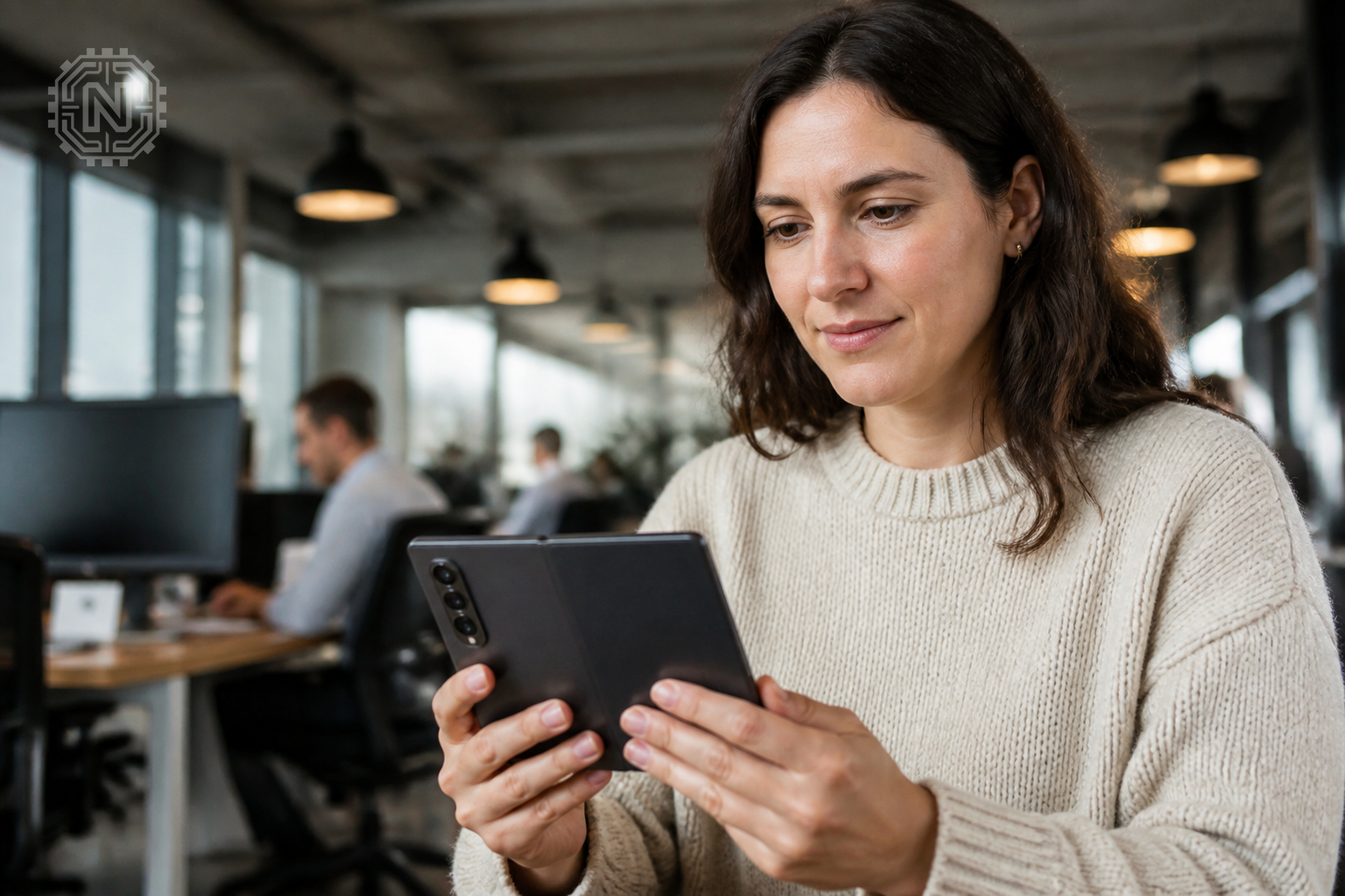 Person using foldable smartphone for multitasking in 2026