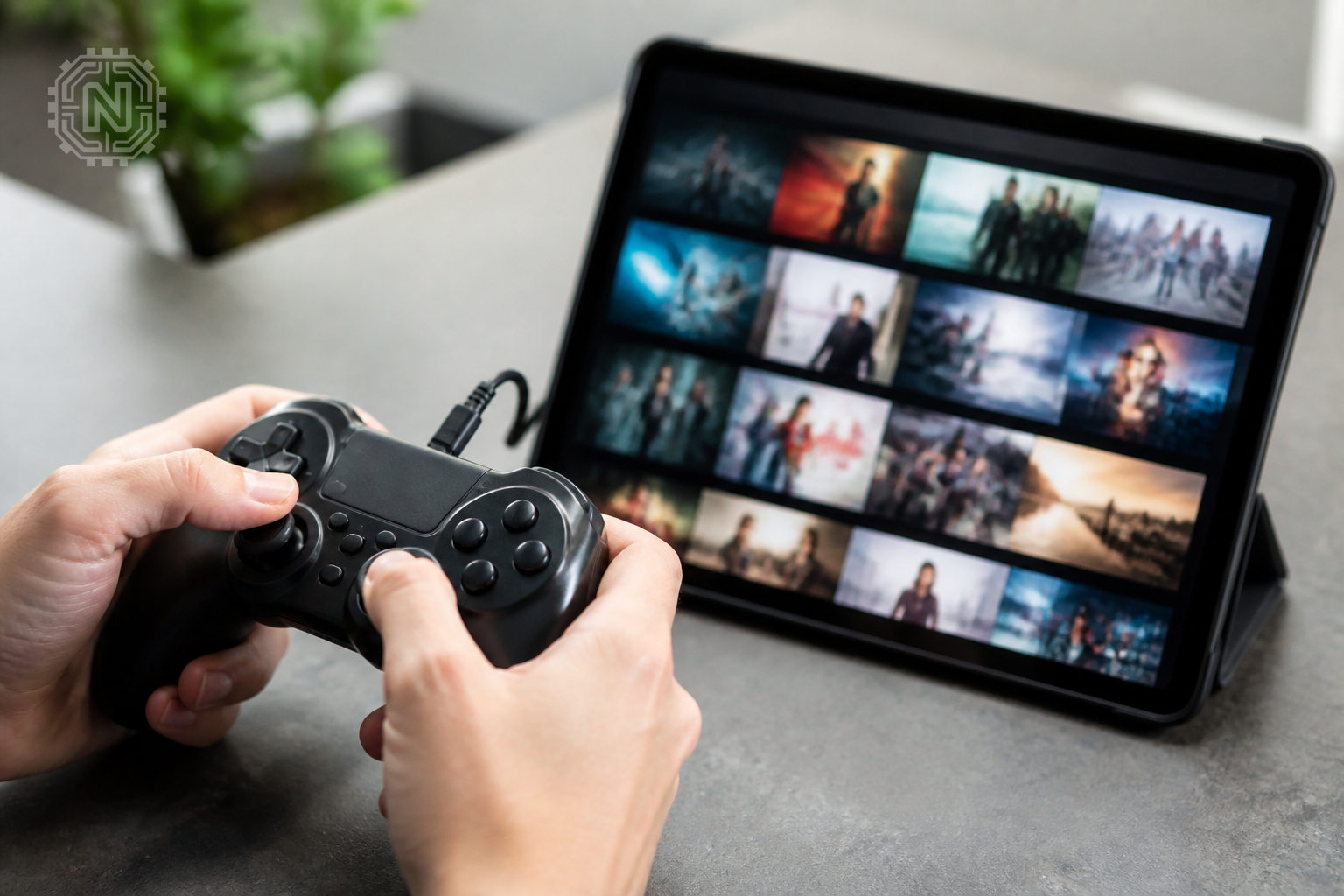 Gaming controller and tablet showing subscription service in use