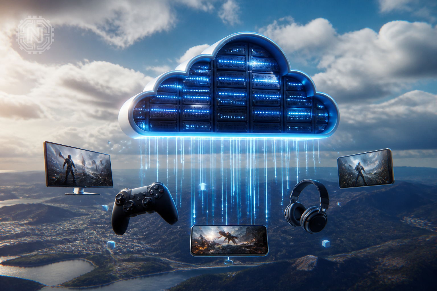 Cloud gaming technology and streaming icons for subscriptions