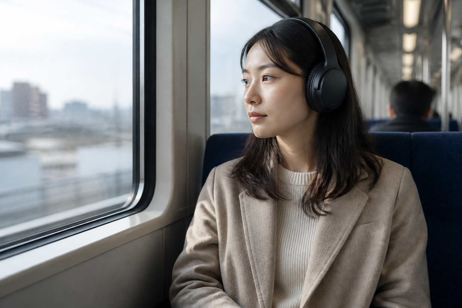 Person wearing Sony WH-1000XM5 headphones on a train