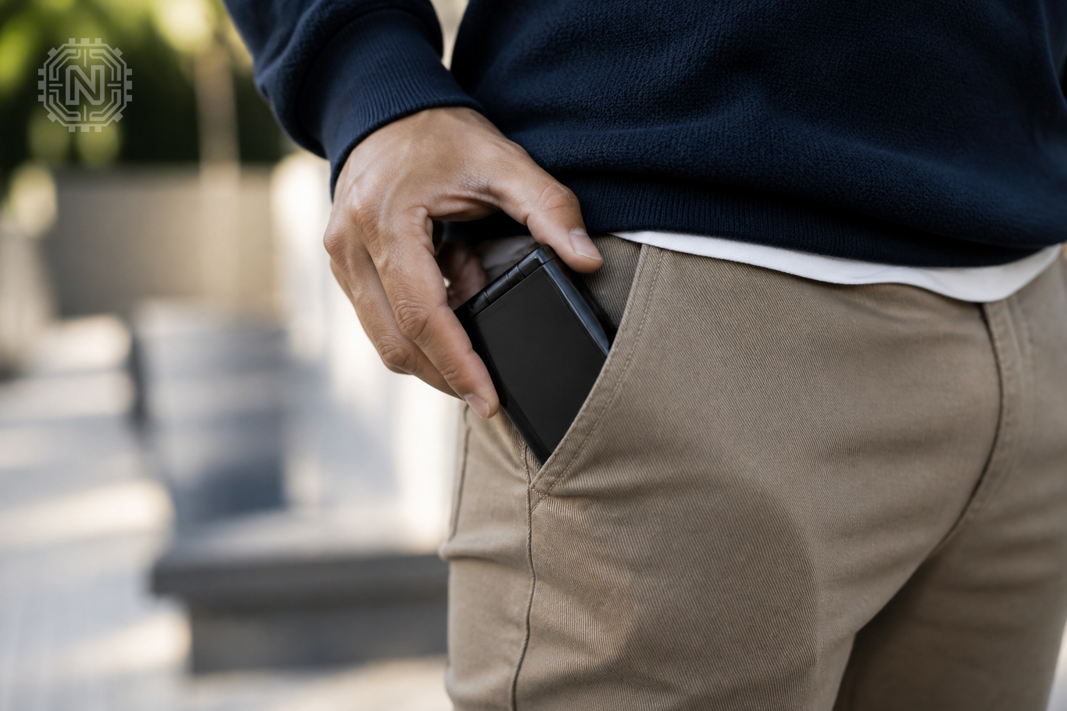 Person holding foldable smartphone demonstrating portability