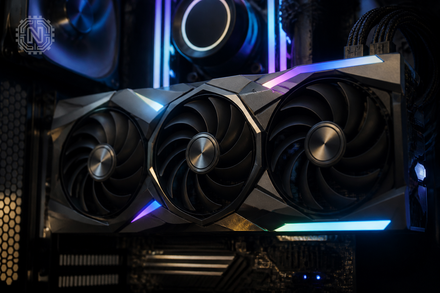 Close-up of a gaming graphics card with LED lighting
