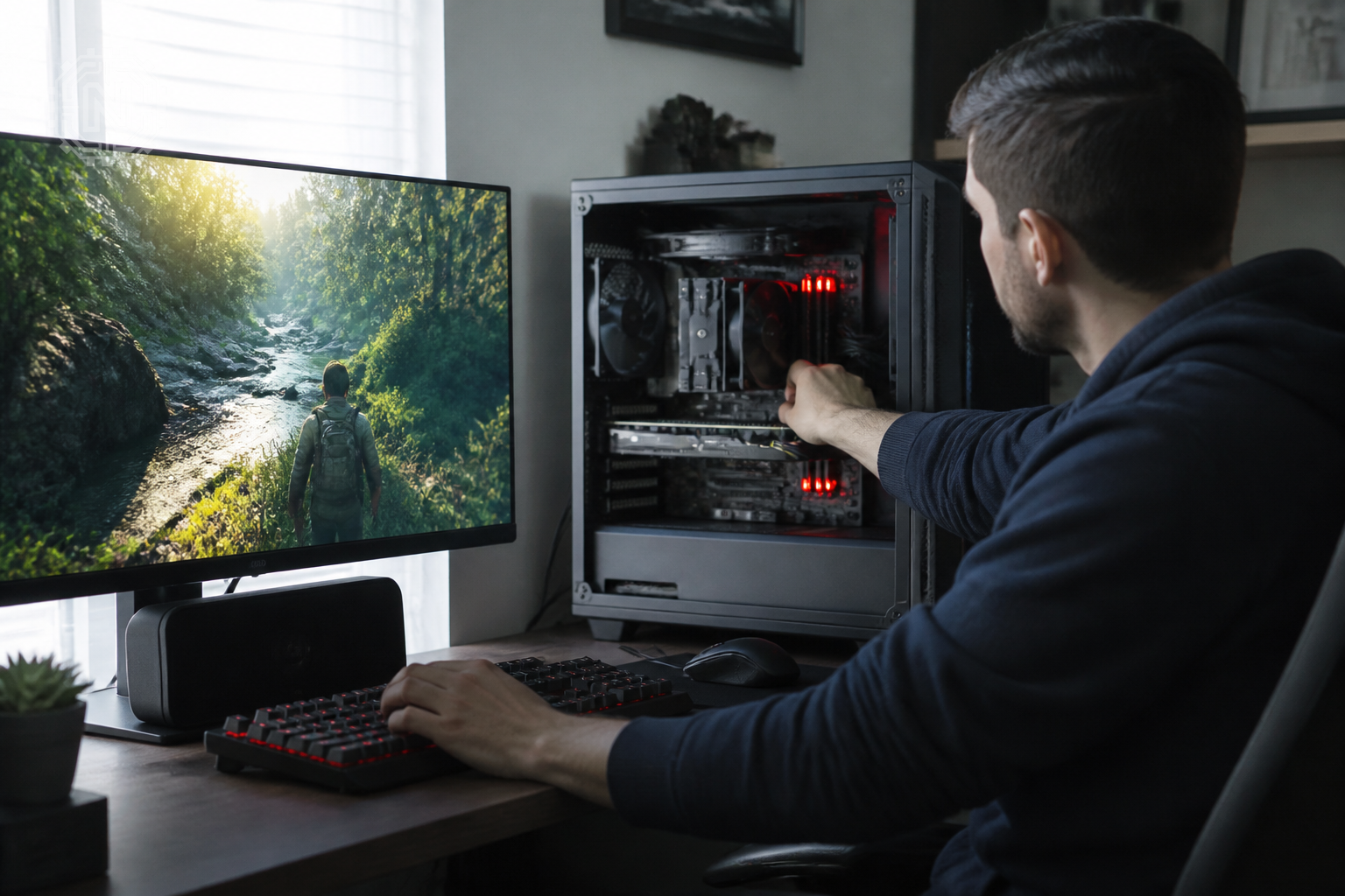 Gamer optimizing PC settings for performance