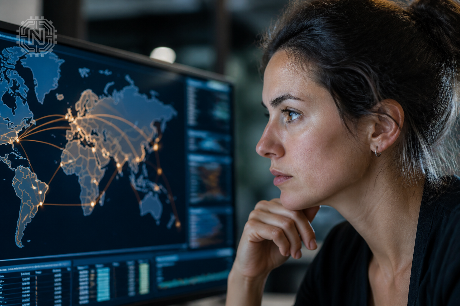 Cybersecurity analyst reviewing supply chain security data