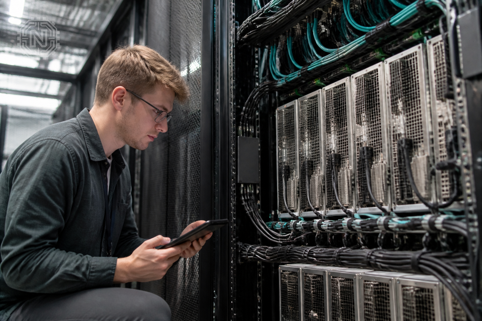 Engineer working on AI hardware in a data center, 2026