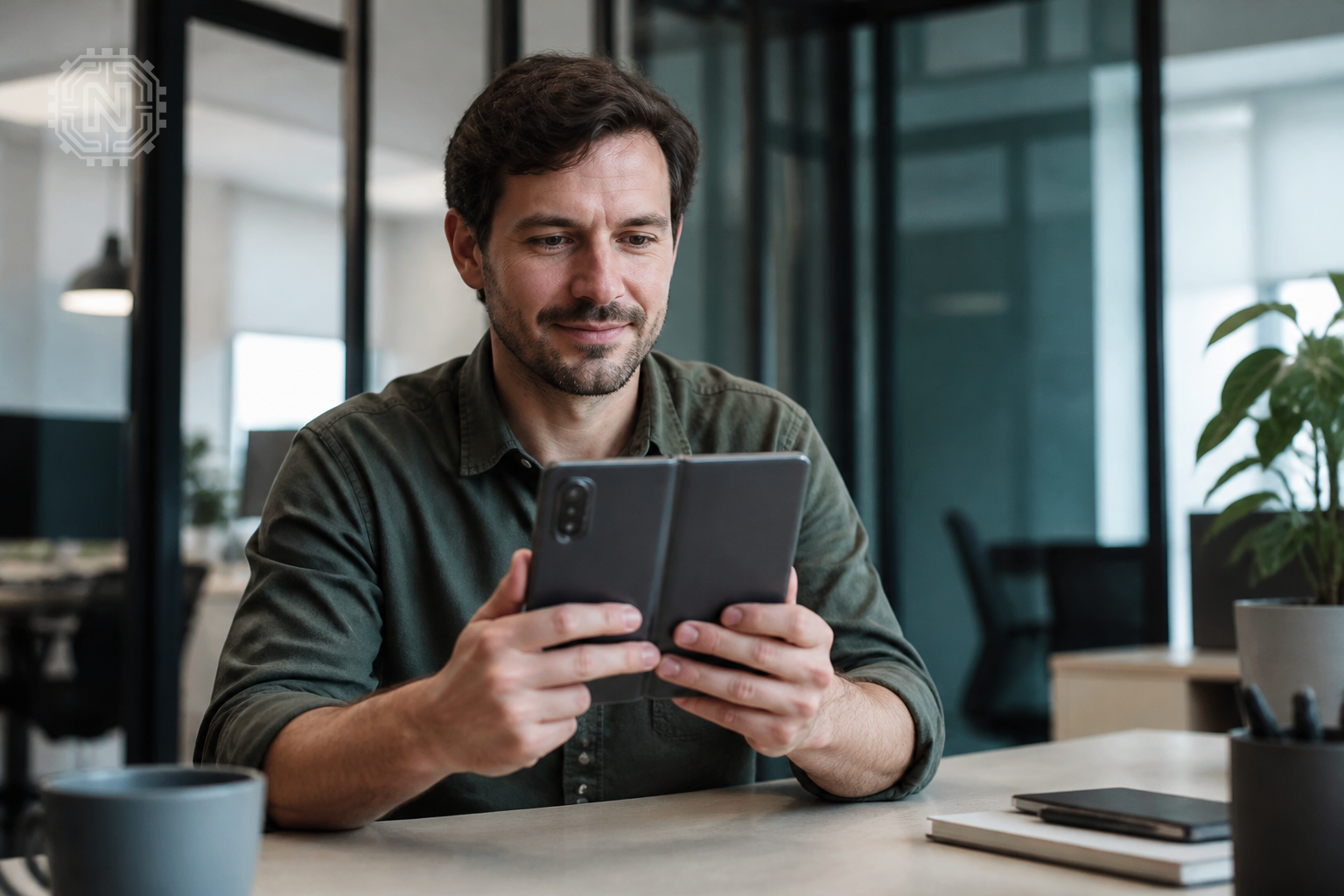 User demonstrating foldable smartphone 2026
