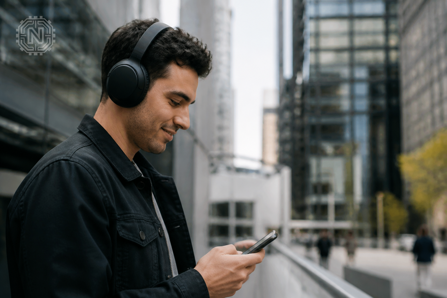 User enjoying Sony WH-1000XM5 headphones in urban environment
