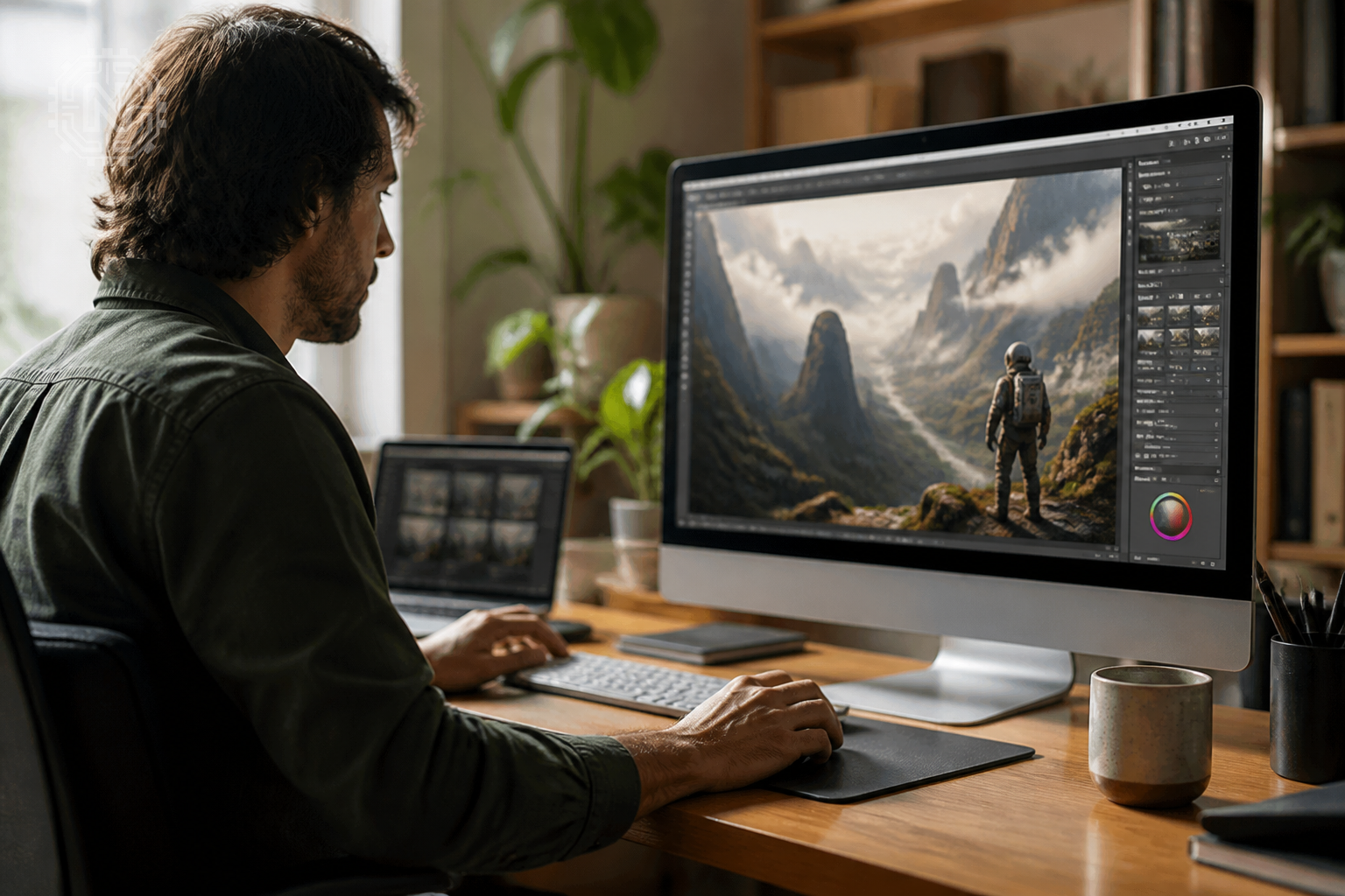 Designer creating AI-generated visuals with advanced software