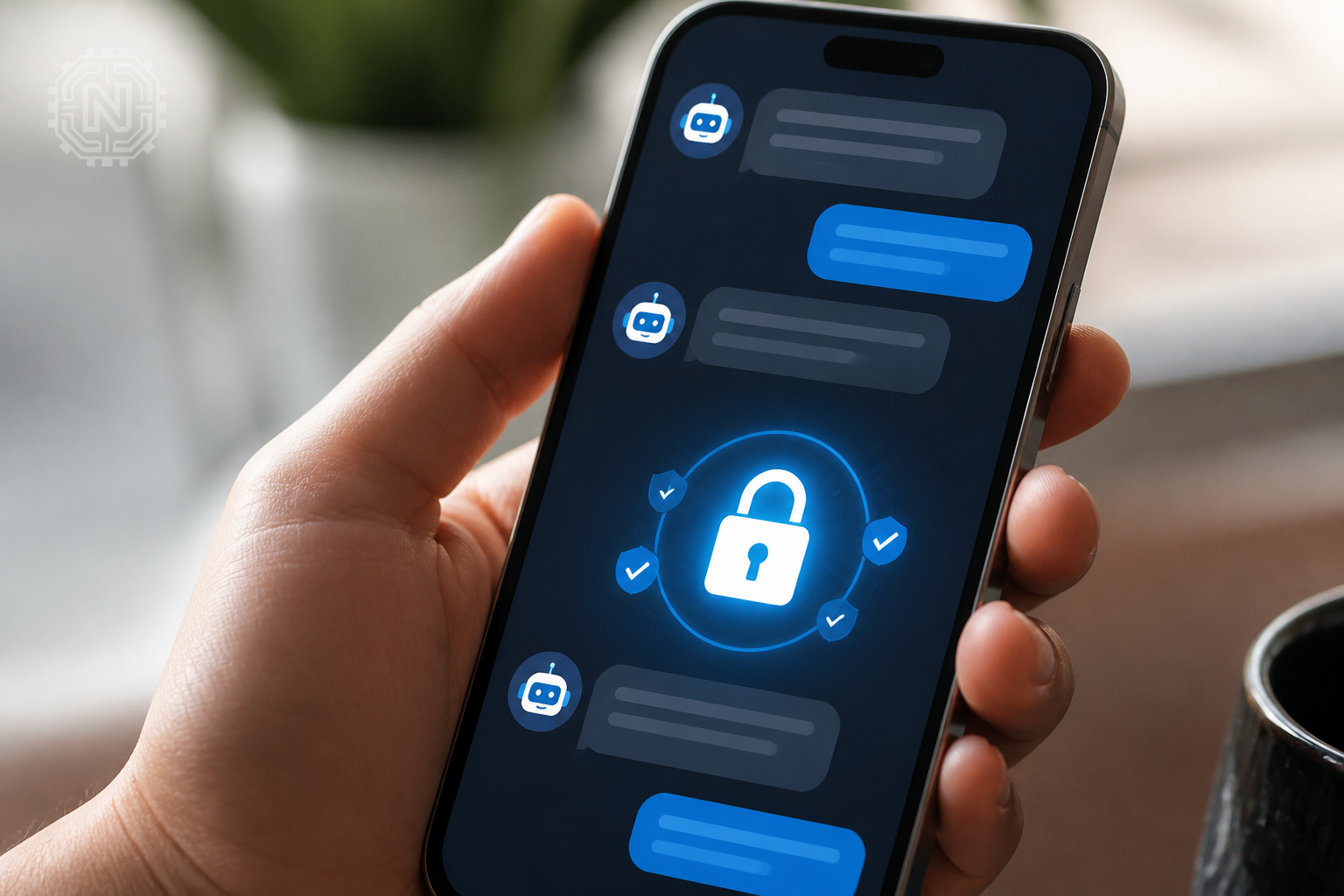 Chatbot conversation on smartphone highlighting privacy features