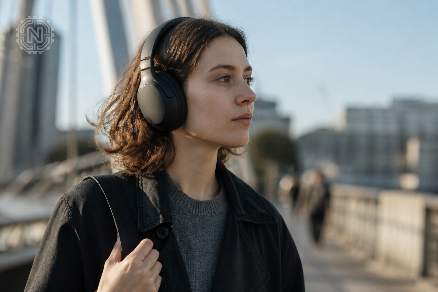 User enjoying music with Sony WH-1000XM6 headphones outdoors