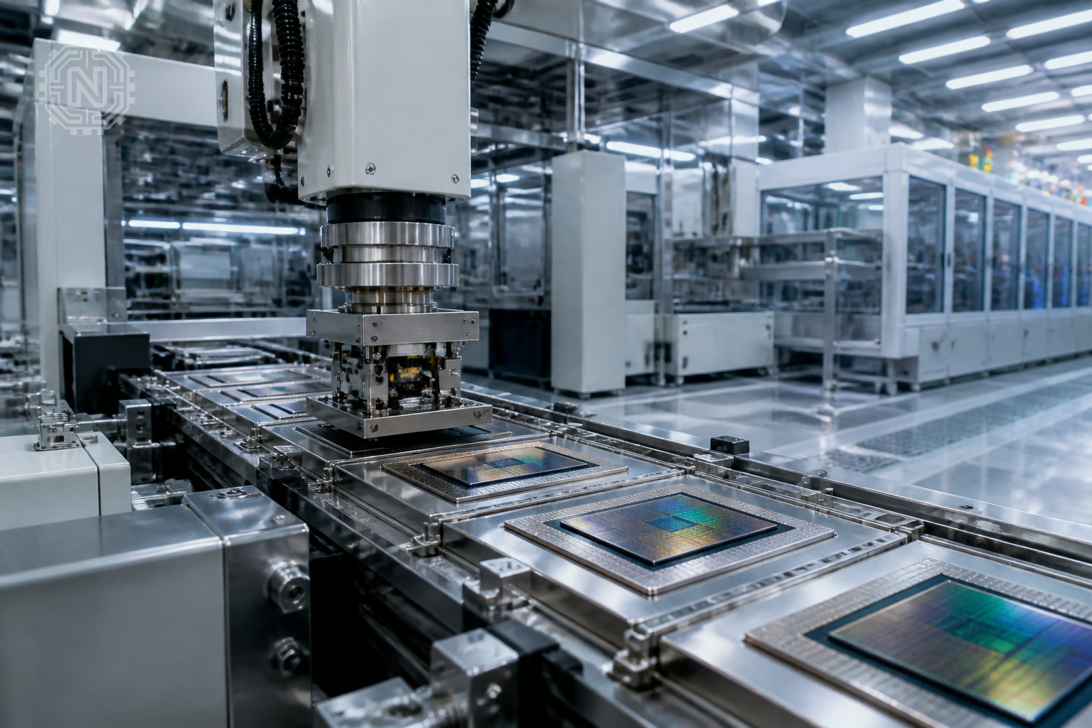 AI chip manufacturing process in a semiconductor plant